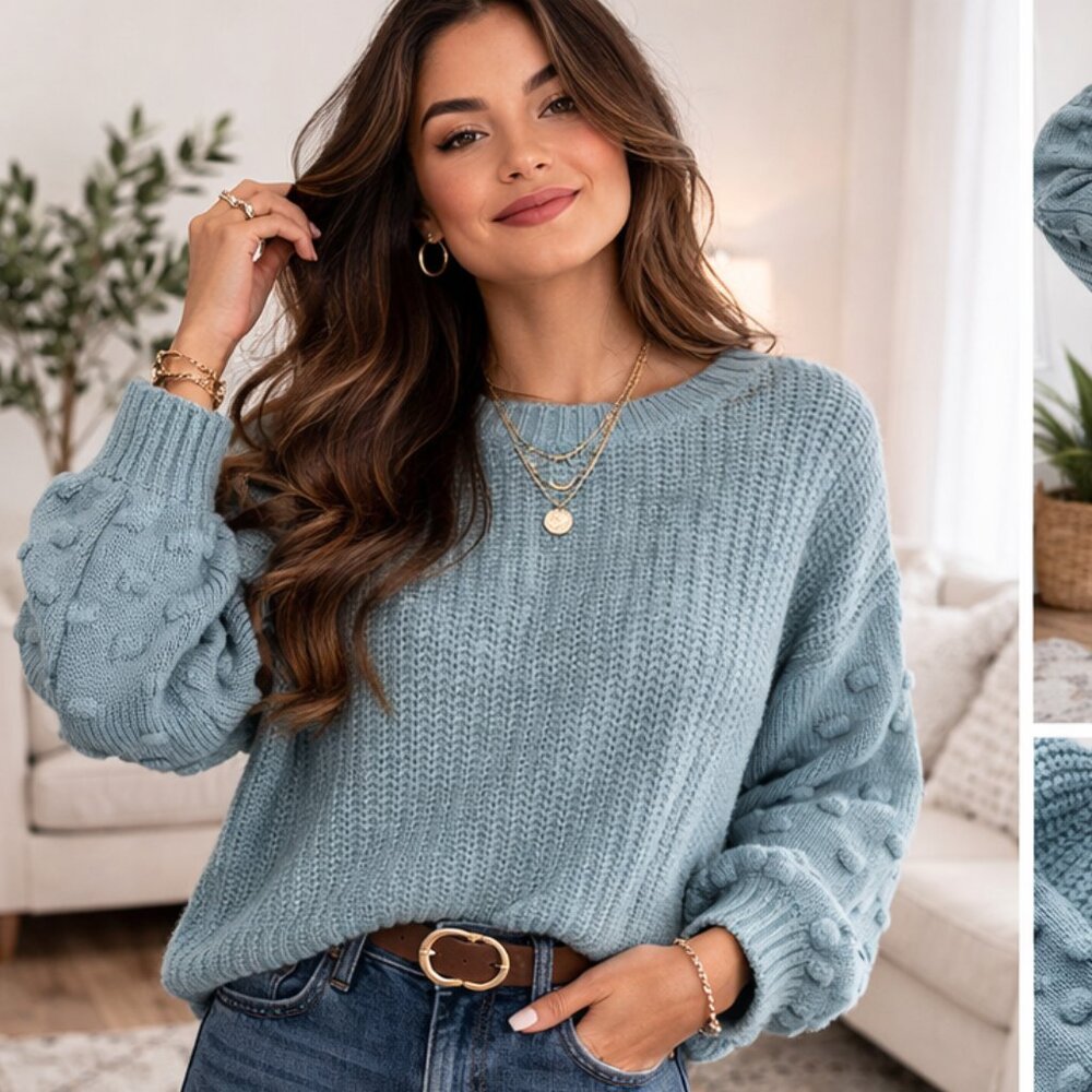 Jessica Simpson Dusty Blue Chunky Knit Sweater Small Textured Sleeve